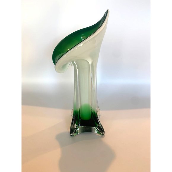 Vintage Jack In The Pulpit Green and White 9 In Italy Art Glass Hand Blown Vase - Picture 4 of 9